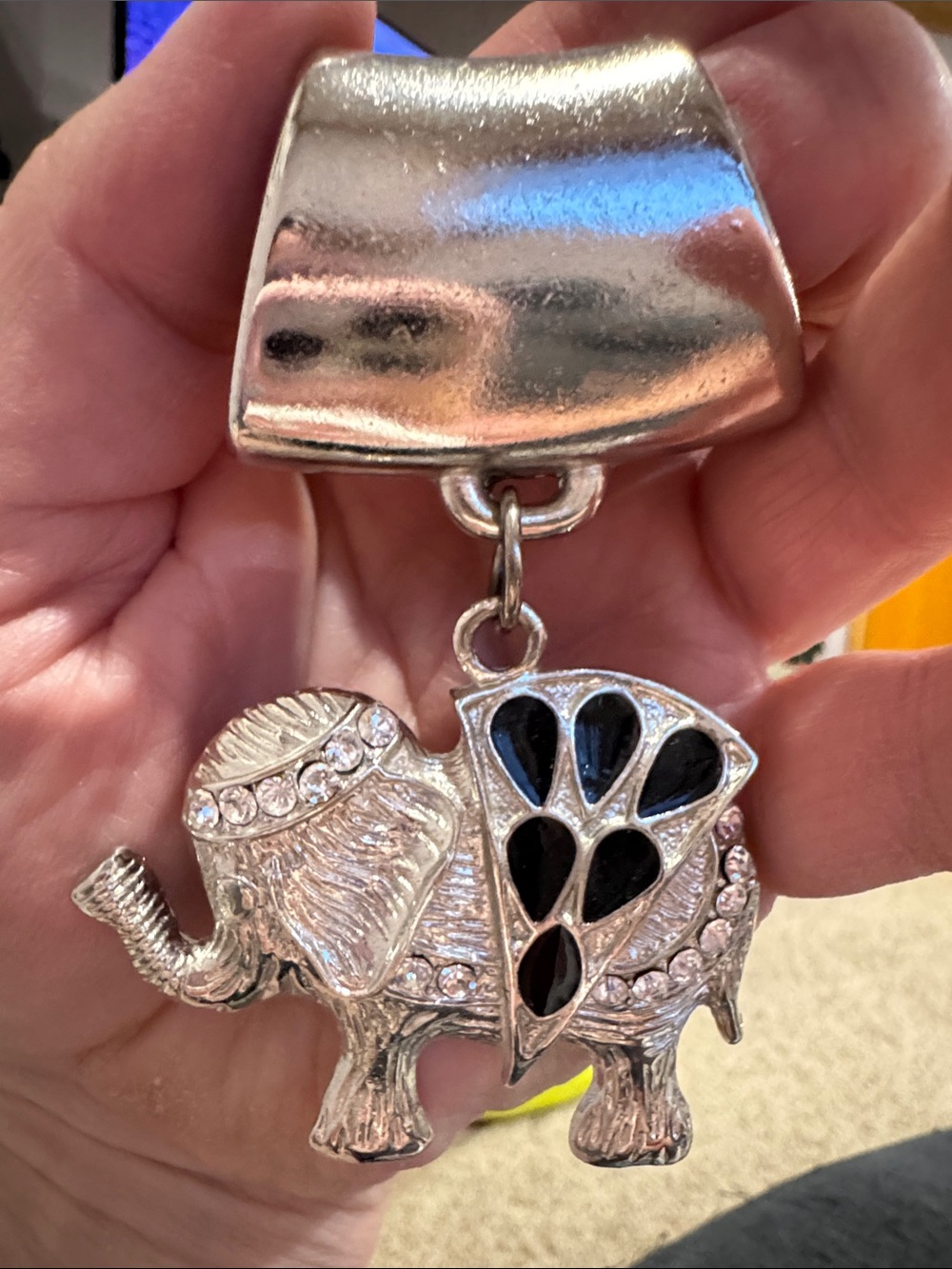 Silver Elephant Scarf Charm with Black Inset Accents